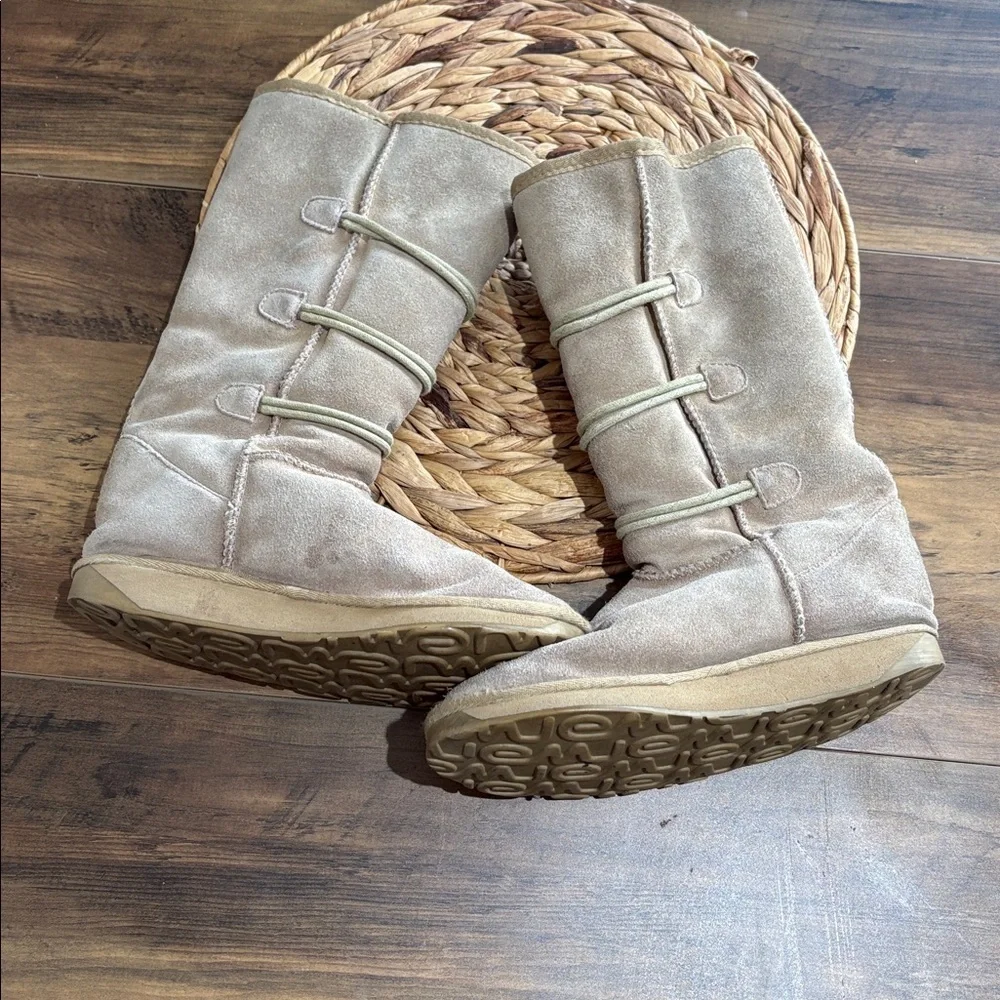 EMU Australia Merino Wool Line And Suede Tan Boots Hip Button Size 6 Run Big
